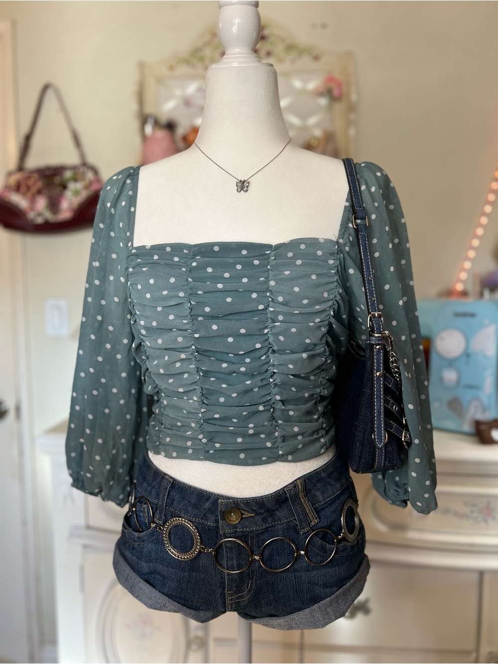 Fashion Nova Sage Green Polka Dot Ruched Square-Neck Crop Top